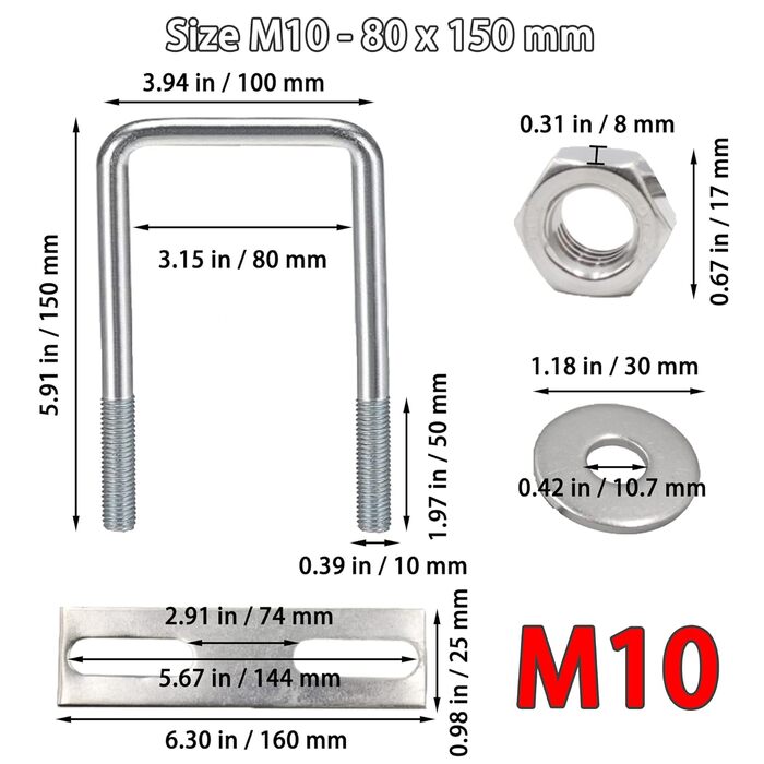 Болти U-болт M8 U кронштейн квадратний, M8 U болти з нержавіючої сталі з гайкою рамної пластини шайба, U залізний болт для кріплення труб буксирування автомобіля (80 x 150 мм)