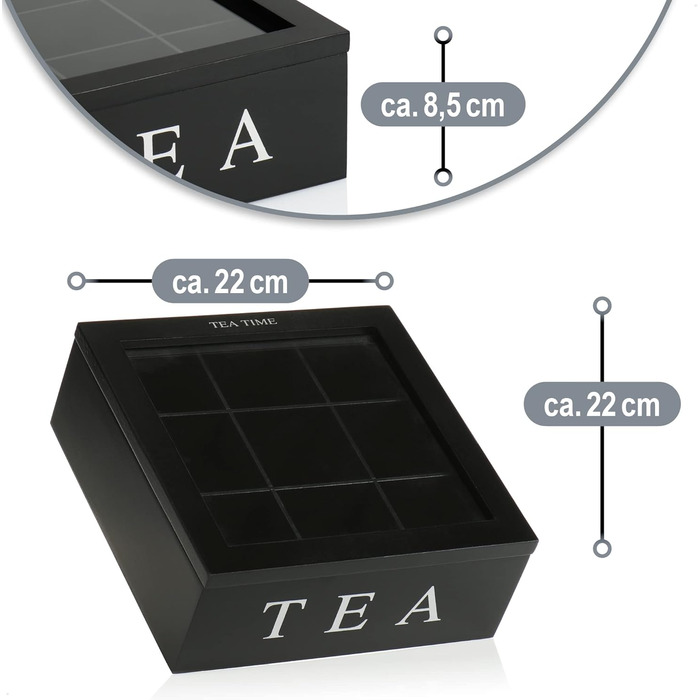 Чайна коробка com-four з 9 відділеннями - Чорна дерев'яна та скляна коробка для зберігання чаю - Коробка для чайних пакетиків з вікном - Зберігання чаю - Коробка для чаю (1 x Чорна коробка для чаю)