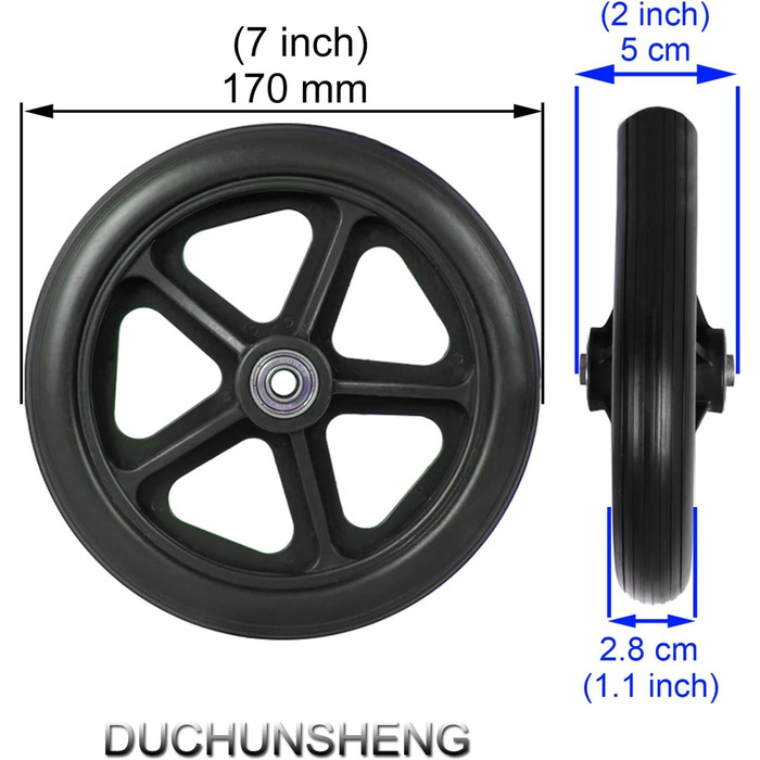 Передні коліщатка для інвалідного візка, змінні коліщатка 6 7 8 для допомоги при ходьбі, 2 шт. суцільногумові коліщатка з підшипником - чорні, ширина маточини 2 (50 мм), вісь 5/16', змінні аксесуари для коліс інвалідного візка чорні 7 дюймів (17 см).