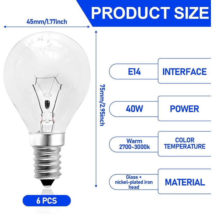 Лампа для духовки 40W E14 лампочка для духовки Лампа для духовки Кулінарна лампочка G45 230V до 3000 K для плит, духовок, холодильників, мікрохвильових печей, компактних кухонь, 6 шт.
