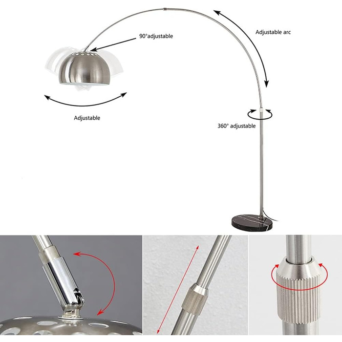 Дуговий світильник ACMHNC Світлодіодний торшер з регулюванням яскравості, Світильник для вітальні з дуговою лампою з пультом дистанційного керування, Торшер хромований з мармуровою основою, регульований по висоті