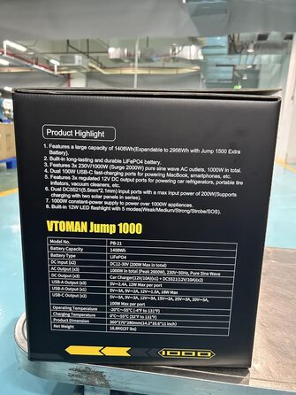 Портативна електростанція VTOMAN Jump 1000 Вт, сонячний генератор 1408 Втгод з розширюваною ємністю, акумулятор LiFePO4 потужністю 1000 Вт із постійною потужністю та стартом, подвійний вихід 100 Вт PD, 3регульований 12 В/10 А постійного струму