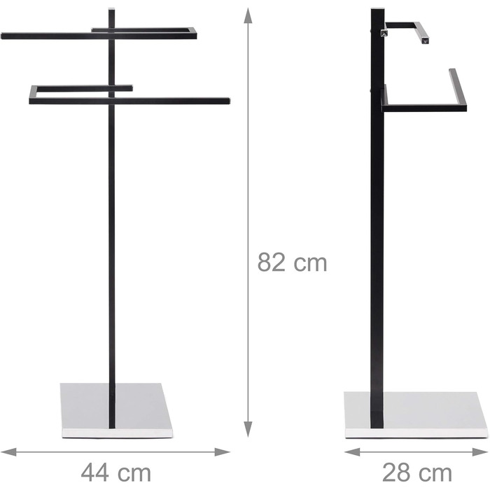 Вішалка для рушників з 2 рушникосушками в П-подібній формі HBT 82 x 44 x 28 см Вішалка для рушників вертикальна з квадратною опорною плитою як рушникосушка для ванни та вішалка для одягу з матової хромованої сталі, чорна 28 x 44 x 82 см