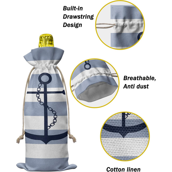 Подарункові пакети для вина зі шнурком та етикетками, синя смугаста кришка для пляшки вина, морський якір, сільський, багаторазовий, подарункові пакети для пляшок вина на весілля, день народження, вечірку, 10PCS AnchorPPA93015
