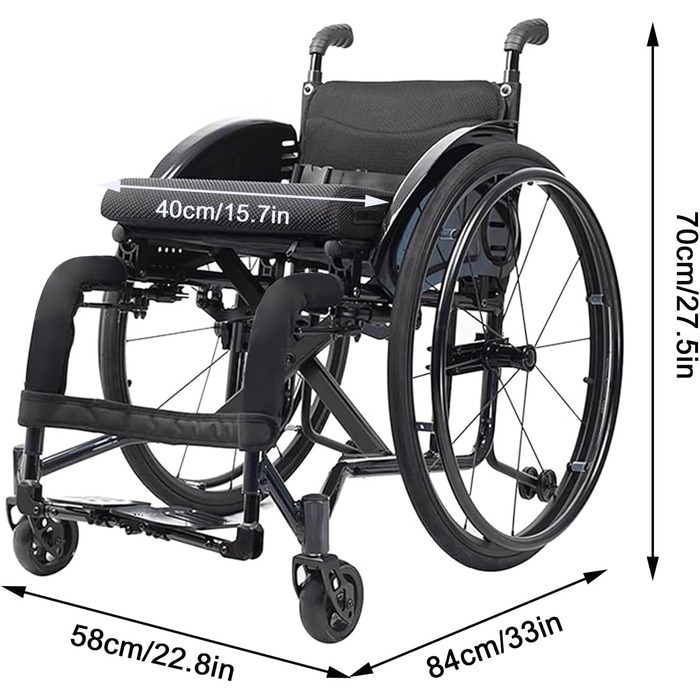 Легке складне спортивне крісло колісне для дорослих - Самохідне ручне крісло з регулюванням підніжки та висоти сидіння з функцією проти нахилу - Інвалідне крісло All Terrain чорного кольору