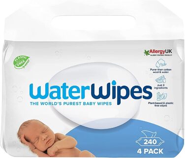 Оригінальні очищувальні серветки WaterWipes Plastic Free для немовлят, 720 шт. (12 упаковок), 99,9 очищувальні серветки на водній основі, без запаху для чутливої шкіри (240 шт. (4 упаковки))