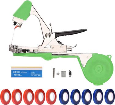 Плоскогубці для рослин, стрічкові плоскогубці tapetool ручна машина для обв'язування виноградників помідорів огірків фруктів овочів, сільське господарство садовий обв'язувальний апарат з 1 коробкою скоб і 10 рулонами стрічки зеленого кольору