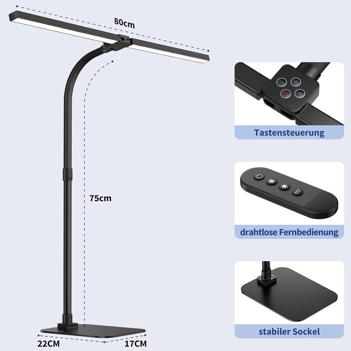 Настільна лампа з подвійною головою LED з регулюванням яскравості, настільні лампи з основою, лампа денного світла 24 Вт 80 см, догляд за очима 5 колірних температур 5 яскравість, для роботи, дому, офісу, гуртожитку, навчання, читання чорний