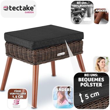 Табурет для ніг tectake Alu Poly Rattan з оббивкою, 54,5 x 44,5 x 46,5 см, вуличні меблі, лавка, підставка для ніг, табурет з чохлом, що миється, табурет до 150 кг для саду, тераси, балкона - коричневий