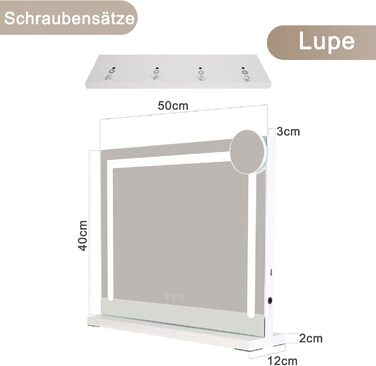 Дзеркало для макіяжу Mursche Hollywood з підсвічуванням - 50x40см Світлодіодне дзеркало з регулюванням яскравості світла, 3 режими освітлення, 5-кратне збільшення дзеркала, USB-підключення для спальні, вбиральні Світлодіодне підсвічування, 50x12x42см