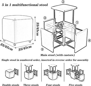 Помаранчевий шкіряний куб-стілець з поворотними коліщатками - табурет 5 в 1, чайний столик для вітальні Диванний стілець, штабельована комбінація 45x45x45 см Чорний / Помаранчевий