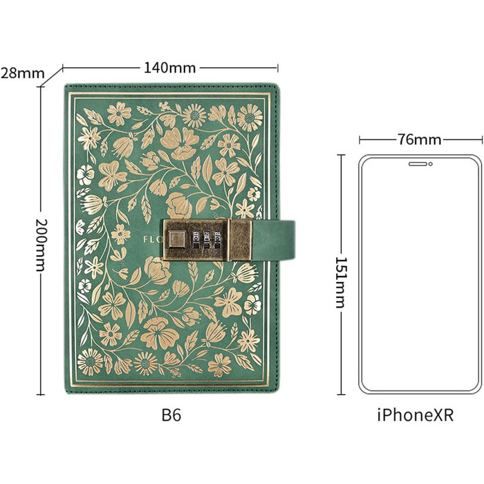 Вінтажний шкіряний щоденник LinYesh з кодовим замком B6 тиснена квітка Секретний щоденник з лінією для письма, щоденник блокнот, щоденник для чоловіків, жінок, дівчаток, хлопчик зелений