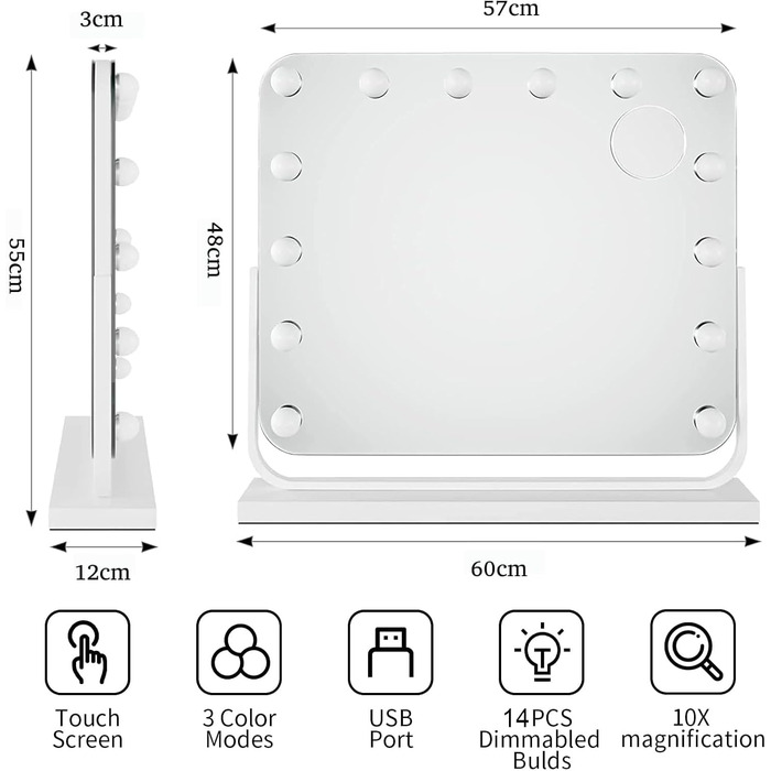 Голлівудське дзеркало MAMIZO зі світлом, обертається на 360, дзеркало для макіяжу з підсвічуванням, 14 світлодіодів з можливістю регулювання яскравості, косметичне дзеркало, USB, сенсорне управління та 3 кольори світла, 10-кратна лупа, настінне дзеркало, 