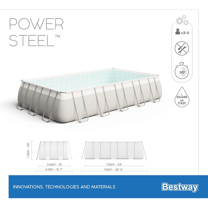 Басейн Bestway Power Steel Frame Pool Complete with Filter Pump 732 x 366 x 132 см, світло-сірий, квадратний