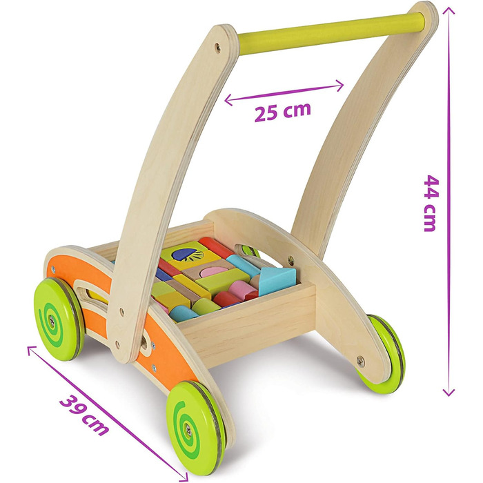Іграшка та ходунки для немовлят - частково зібрані - з 35 різнокольоровими дерев'яними будівельними блоками - 39 x 26 x 48 см Одномісний, 100001833