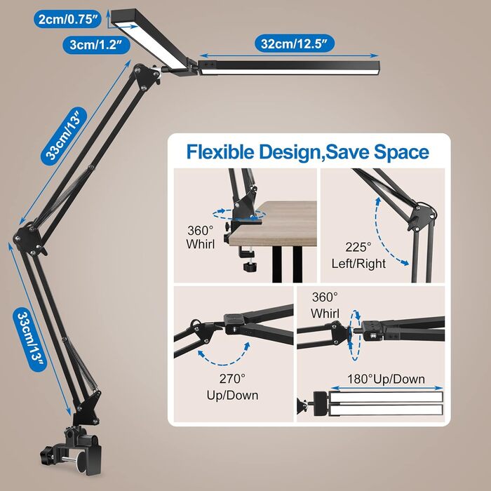 Наша настільна лампа затискна, настільна лампа з подвійною головою LED, світлодіодна настільна лампа 24 Вт з широкою рівномірною яскравістю, безпечна для очей робоча лампа - чорний 24.0