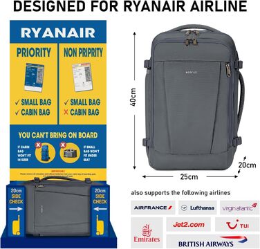 Рюкзак ECOHUB 40x20x25 Ryanair Ручна поклажа 13 мішків Дорожній рюкзак Літак Ручна поклажа Водонепроникний рюкзак Жіночий Маленький ПЕТ Перероблений Екологічно чистий 20л, запатентований (сірий) 40x20x25см Зелений