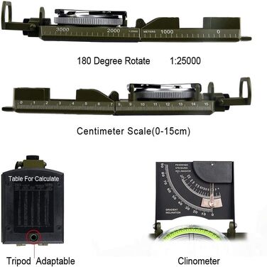Багатофункціональний візирний компас для туризму, з металу, військовий, водонепроникний, високої точності, лінзовий компас з клінометром і рівнем для пішого туризму, скелелазіння, катання на човнах, розвідки, полювання, геології Зелений