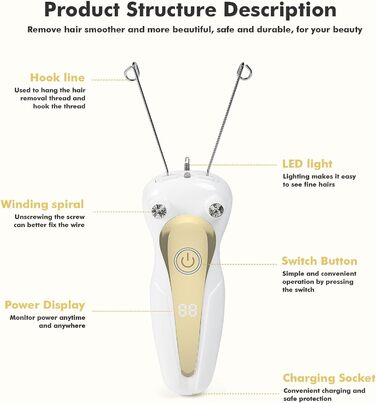 Електричний нитковий епілятор Жіночий електричний нитковий епілятор Засіб для видалення волосся на обличчі для жінок Фізичний нитковий епілятор для волосся Епілятор для жінок Епілятор для обличчя для рук і ніг (золото)