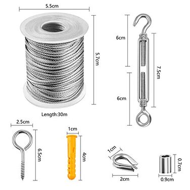 Садова дротяна мотузка Кабельні огородження Набір роликів для дротяної огорожі Комплект зовнішнього освітлення Hnnien довжиною 30 м з ПВХ покриттям 304 Мотузка з нержавіючої сталі Рим-болт Замок натягу Натягувач дроту