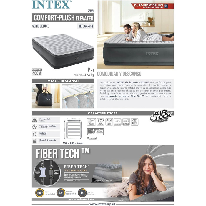 Надувне ліжко Intex Queen Comfort-Plush Dura-Beam з вбудованим електронасосом 64414NP одномісне