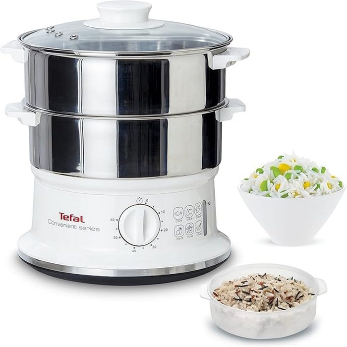 Відпарювач Tefal VC1451 2 контейнери з нержавіючої сталі Ємність 6 л Діаметр 24 см Таймер і автоматичне відключення 900 Вт Біла ЗРУЧНА СЕРІЯ