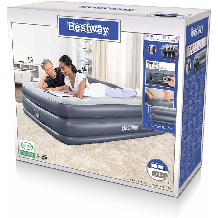 Надувне ліжко Bestway TriTech Quad Comfort з вбудованим електричним насосом Double XL/Mi 203 x 152 x 51 см