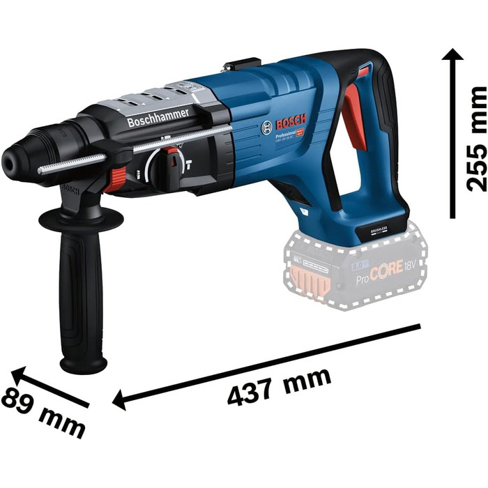 Акумуляторний перфоратор Bosch Professional 18V System GBH 18V-28 DC з D-подібною рукояткою (вкл. додаткову рукоятку, глибокий удар, KickBack Control, без акумулятора/зарядного пристрою)