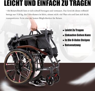 Складна легка інвалідна коляска для інвалідів, Подорожня інвалідна коляска для дому та подорожей, надлегкі самохідні інвалідні візки, регульований підлокітник, барабанне гальмо