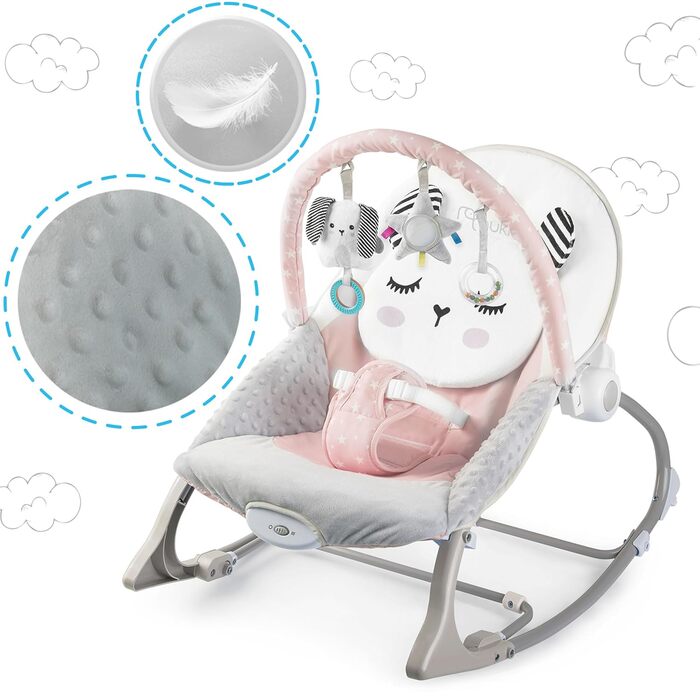 Дитяча гойдалка Nukido Baby Bouncer з музикою - Металевий каркас і міцний пластик - Замок-гойдалка - Вібраційна система - Додаткова іграшка Montesorri - 48 x 62 см - (Рожевий)