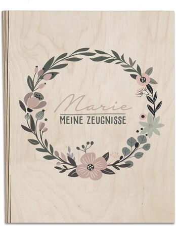 Іменна папка табеля успішності з березового дерева - Індивідуальний подарунок для зарахування до школи з ім'ям - DIN A4 - Табель успішності кільцева книга дівчаток і хлопчиків - hellomini (квітковий вінок)