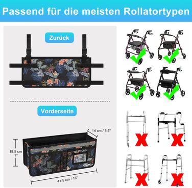 Сумка-рулонщик/кошик для роликів, сумка-органайзер для аксесуарів Rollator великої місткості з кількома кишенями, універсальна водонепроникна сумка для зберігання, аксесуари для ролаторів для людей похилого віку Чорний квітковий