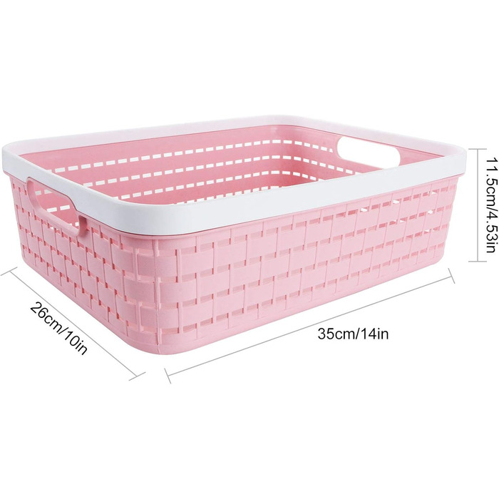 Пластикові кошики для зберігання, 35,6 x 25,4 x 11,4 см, велике плетіння з ручкою для шафи, полиці, кухні, спальні, ванної кімнати та офісу - рожевий