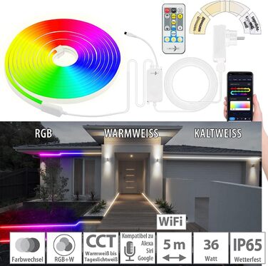 Світлодіодна стрічка Lunartec неонова трубка Wi-Fi зі світлодіодами RGBW IC, додаток, голосове керування, IP65, 5 м (світлодіодна стрічка, світлодіодна стрічка RGBW, адаптер, Bluetooth)