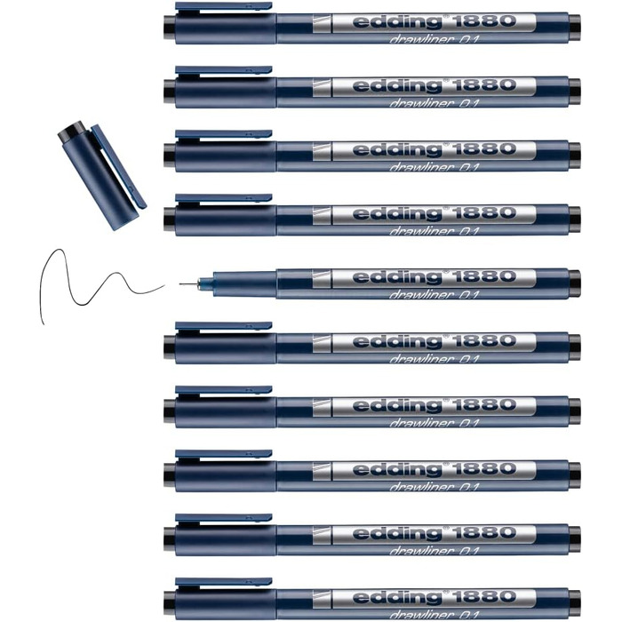 Ручка EDDING 1880 Precision Fine - чорна - 10 ручок - ширина лінії 0,25 мм - Fineliner для точного письма та ескізів - тонкий наконечник з металевою рамкою - підходить для лінійок і трафаретів