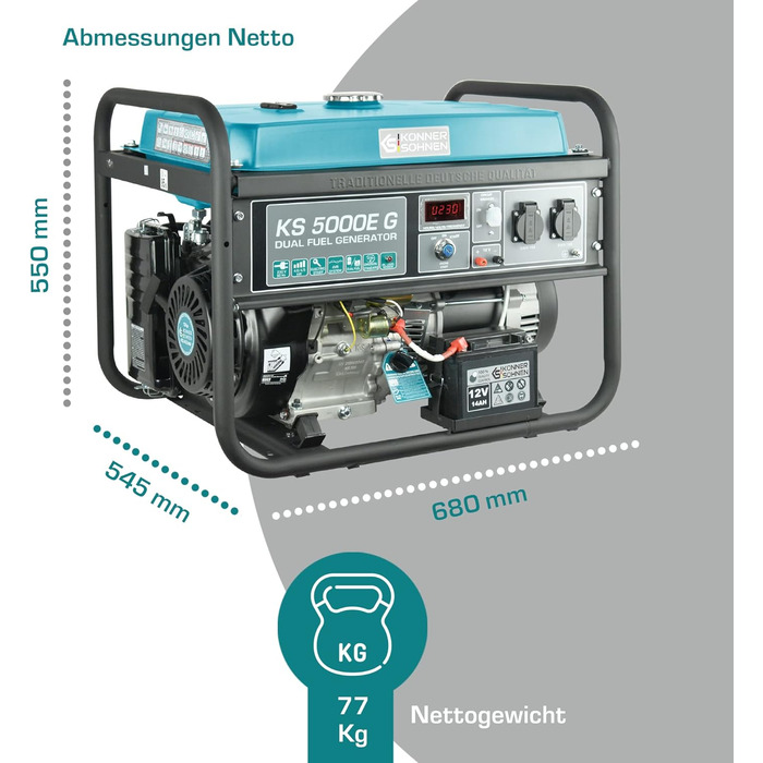 Генератор на зрідженому газі K&S Knner&Shnen KS 5000E G серії DUAL FUEL, аварійний генератор 4500 Вт, ручний/електрозапуск, 2х16А, 12 В, генератор з (AVR), генератор, генератор захист від короткого замикання синій 5000e G