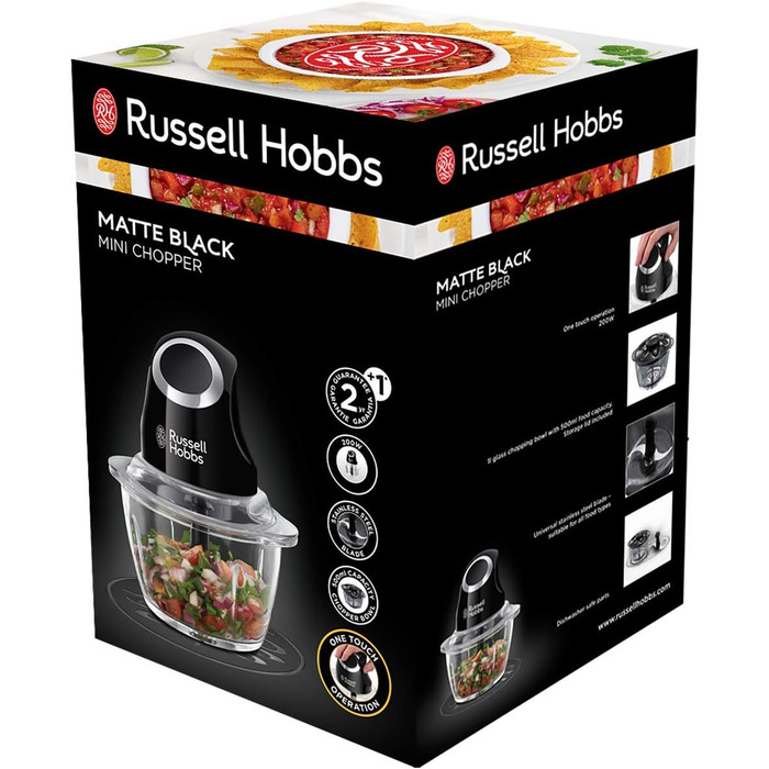 Електричний подрібнювач Russell Hobbs Mini скляний контейнер з кришкою для зберігання матовий чорний (500 мл, подрібнювач овочів, блендер, мульти-& універсальний подрібнювач овочів, фруктів і м'яса) 24662-56 Подрібнювач, одинарний