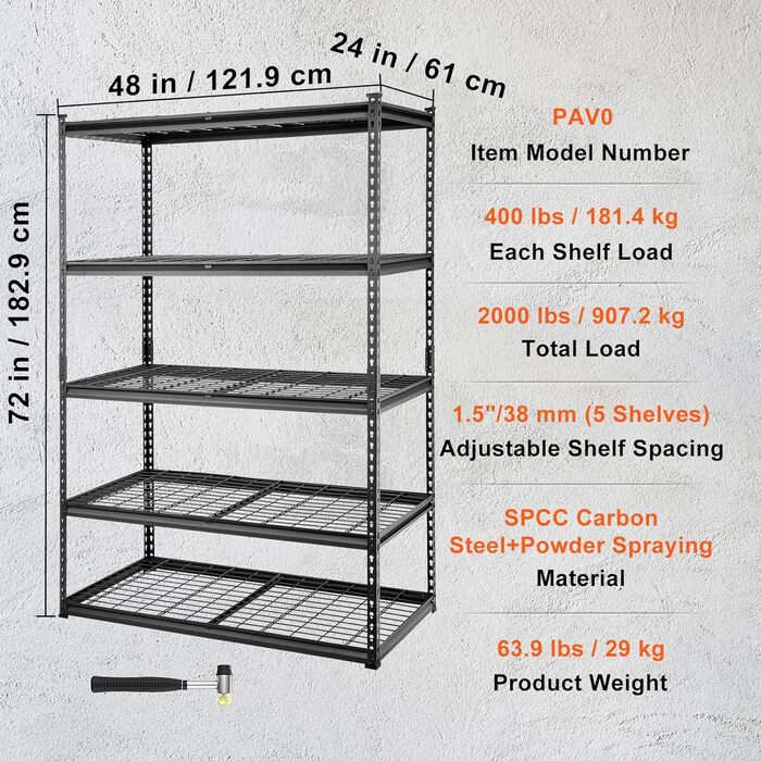 Стелаж для зберігання VEVOR, 5-рівневий, регульований, місткість 907 кг, міцна полиця для гаража, металевий органайзер, дротяна полиця, чорний, 121,9 см Д x 61 см Ш x 182,9 см В для кухні, комори, підвалу, ванної кімнати