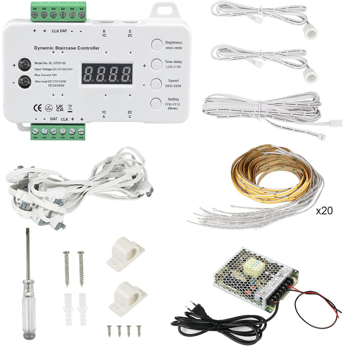 Світлодіодне освітлення сходів XLSBZ з детектором руху, 20 сходинок Повний комплект світлодіодного освітлення сходів зі стрічкою (біле світло 4000K)