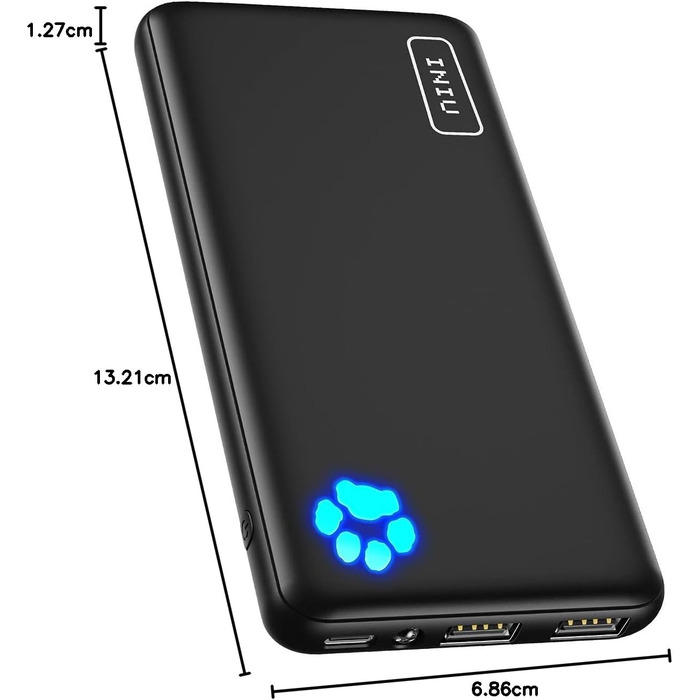 Ультратонкий акумулятор 10000mAh, маленький, але потужний, вхід і вихід USB C, зовнішні акумулятори для мобільних телефонів потрійні 3A з ліхтариком, сумісний з iPhone 16 15 14 13 12 11 X Pro Max Samsung Huawei Класичний розмір чорний