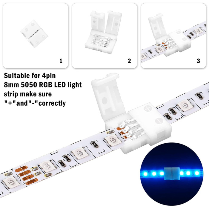 Контактний роз'єм для світлодіодної стрічки, роз'єм RGB 8 мм світлодіодна стрічка Швидкий роз'єм, для світлодіодної стрічки шириною 8 мм SMD 3528 RGB 8 мм 4-контактна, 20 шт., 4-