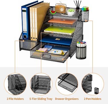 Настільний органайзер Marbrasse, 5 ярусів, лоток для листів для паперу з ящиком, 2 тримачі для ручок, сітчастий настільний органайзер, аксесуари, зберігання приладдя для домашнього офісу (одностороння підставка для книг) Одностороння підставка для книг