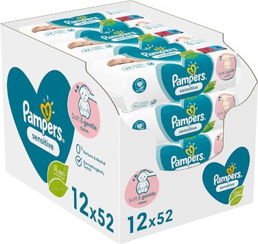 Дитячі вологі серветки Pampers Sensitive Baby, 1200 серветок (15 x 80) для чутливої дитячої шкіри, дерматологічно протестовані, початковий набір для новонароджених, 80 шт. (15 упаковок) (624 шт. и (1 упаковка))