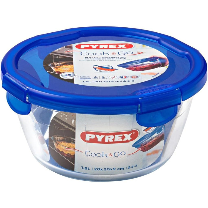 Скляний контейнер з кришкою Cook and Go, Pyrex, овальний, 1,6 л, скло, синій/прозорий, 20 см 20 х 20 х 9 см Круглий контейнер