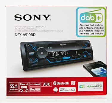 Автомобільна стереосистема Sony DSX-A510KIT DAB з антеною, подвійним роз'ємом Bluetooth, NFC, USB та AUX синє освітлення Гучний зв'язок, чорне радіо DAB з Bluetooth