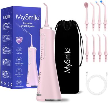 Бездротовий іригатор для порожнини рота MySmile Water Floss для зубів 5 режимів чищення 8 змінних насадок Jet Tips IPX 7 Водонепроникні USB-акумуляторні водяні зубочистки для чищення зубів з PU мішком Pink Pink-a