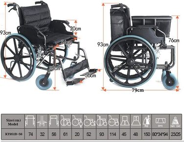 Інвалідний візок, великий, самохідний, товсте/розширене/збільшене ручне гальмо з вуглецевої сталі з стоянковим гальмом, задні колеса 12, відкидний підлокітник, пристрій проти поперечної стійкості, портативний