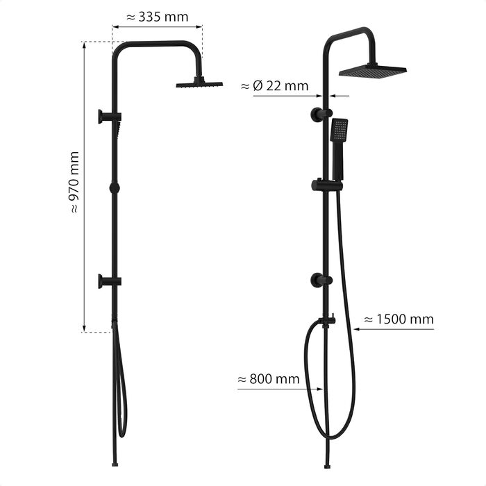 Душовий гарнітур EISL, душова система без змішувача 2 в 1 з великим тропічним душем (176 x 176 мм) і ручним душем, тропічний душ без змішувача, ідеально підходить для модернізації, повний монтажний комплект DX12004-A (Easy Energy чорний)