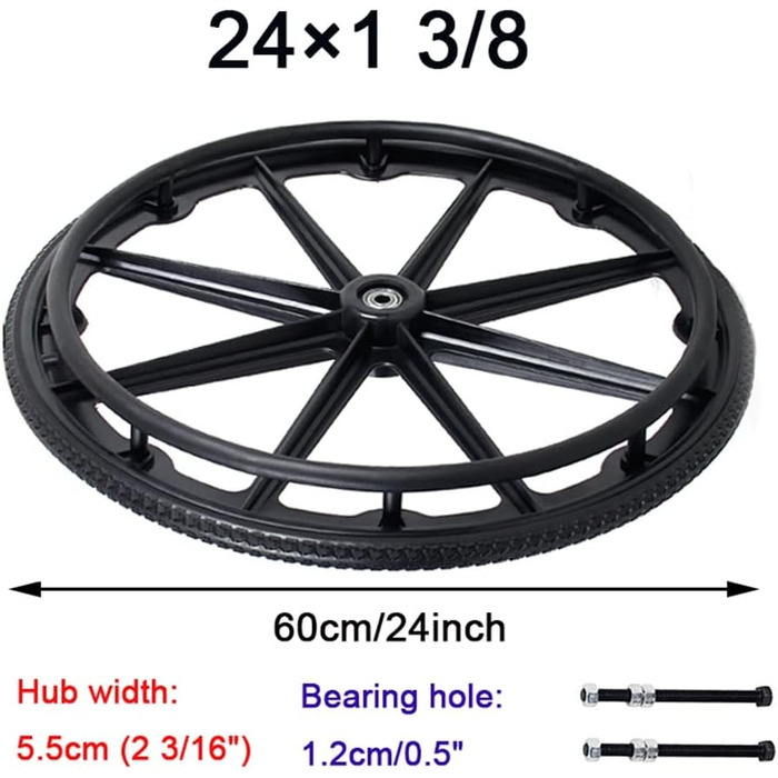 Дюймові аксесуари для ручних інвалідних візків Запасне заднє колесо Ненадувне нековзне колесо з поліуретану 24 x 13/8 / Чорний / 24 дюйма, 24-