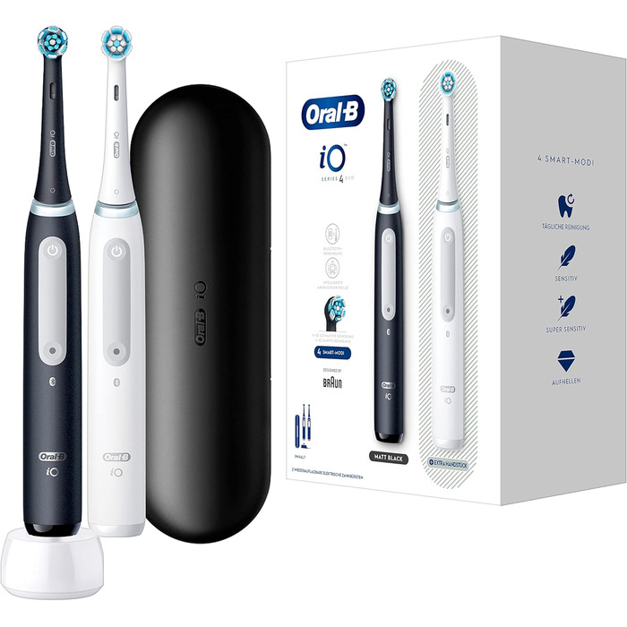 Електрична зубна щітка Oral-B iO Series 4, матова чорна/досить біла та щітки для чищення iO Ultimate, Ultimate Tooth Cleaning з технологією iO, для зубних щіток Oral-B, 4 шт. и